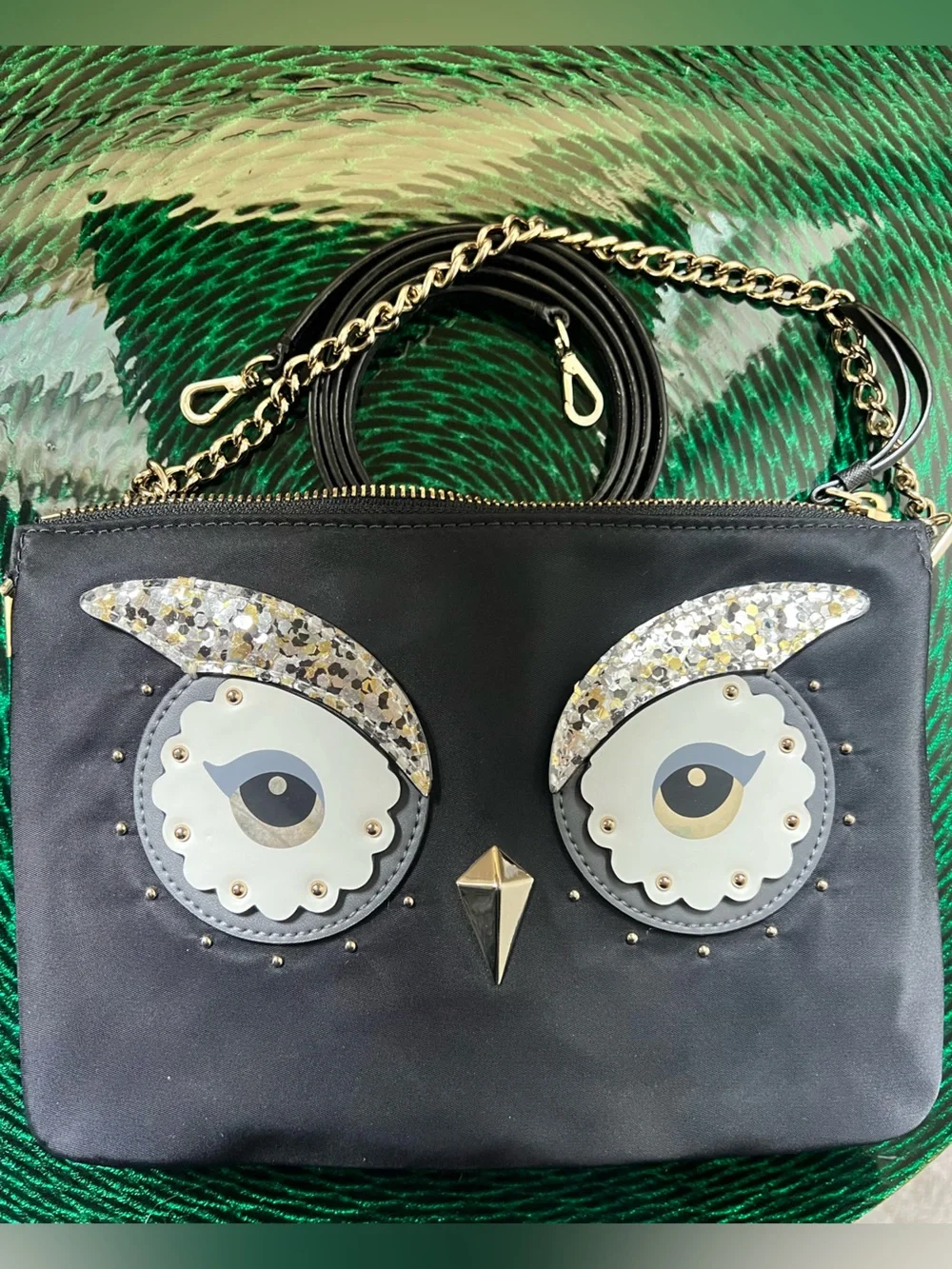 Kate Spade Collectible Black Sparkle Owl Appliqué Chain Shoulder Bag